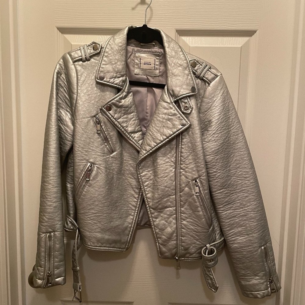 Pimkie Collection Women's Silver Faux Leather Biker jacket size Large